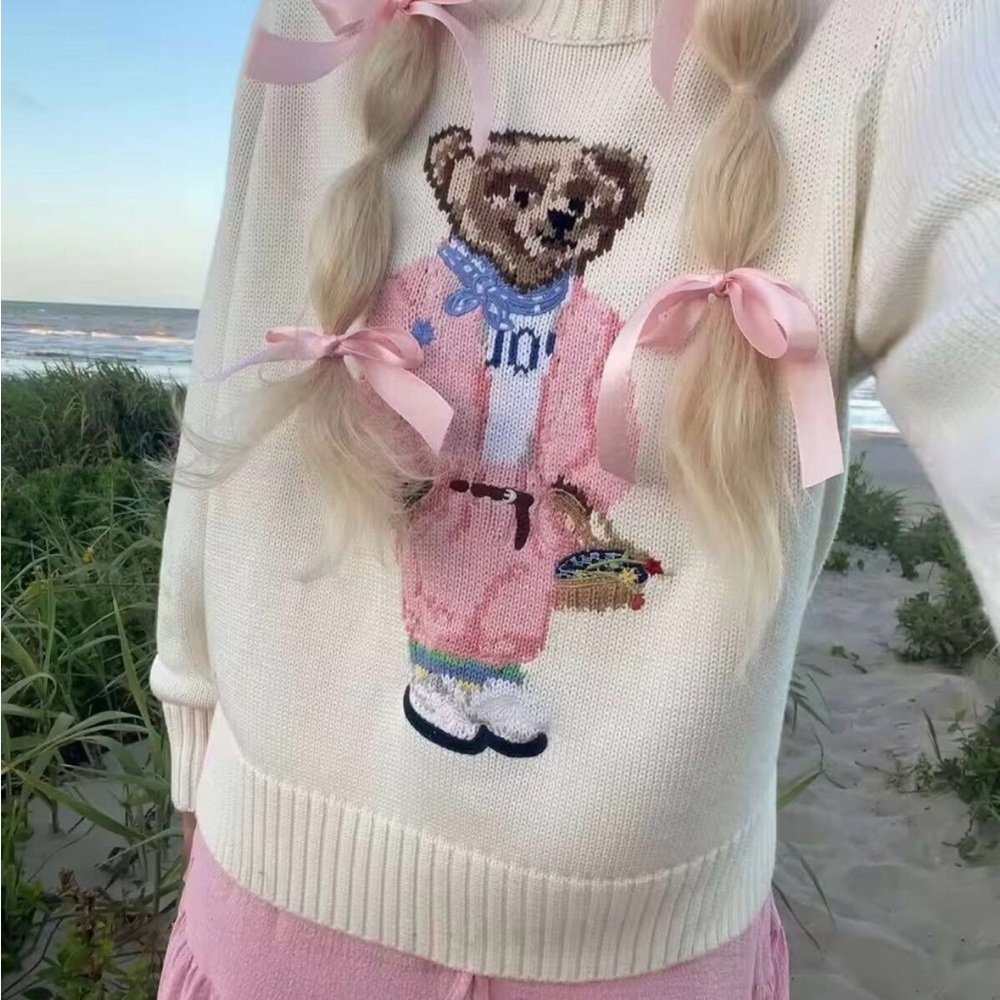 Polo by Ralph Lauren White Crewneck Sweater with Pink Bear Motif